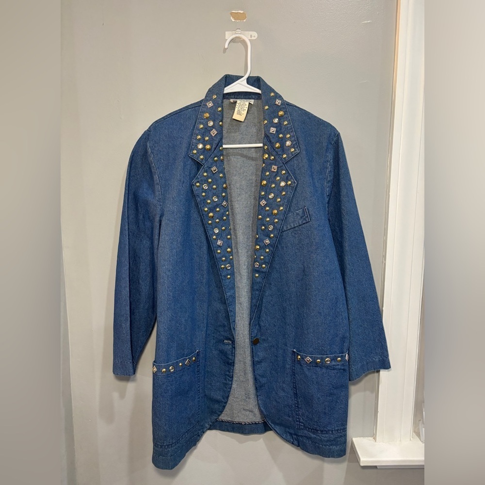 Vintage IDEAS Denim Jacket Blazer Unlined Gold Rhinestone Studded Size Small